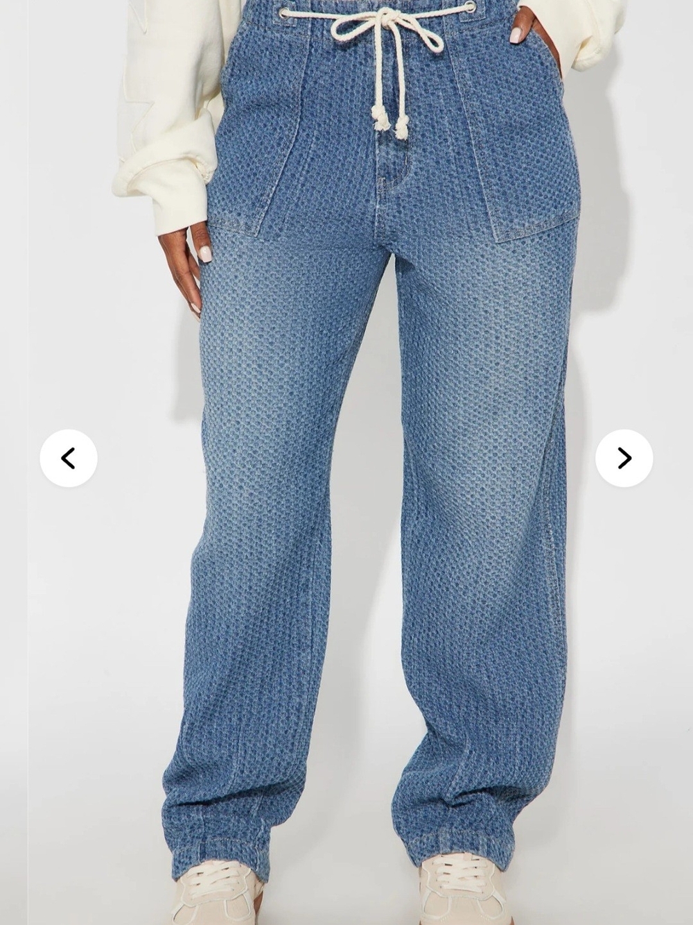 Fashion Nova Blue Textured Drawstring Boyfriend Jeans